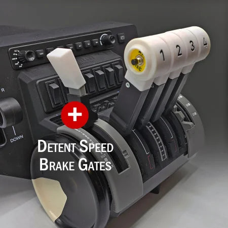 A close-up of the throttle quadrant highlights the Prodesksim NEW! BAE-146/Avro RJ Advanced Throttle Pack for Honeycomb Bravo flight simulator, featuring four authentic throttle levers, numbered and labeled detent speed brake gates, and a white speed brake lever. The cockpit-style setup includes various buttons and dials in the background, similar to a BAE 146 configuration, complete with 2 AT DICS and 2 TOGA buttons.