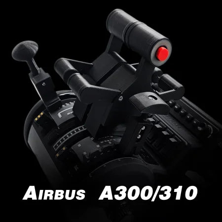 Close-up of Prodesksim's Iconic First Ever Airbus A300/310 Addon Package for Honeycomb Bravo, showing detailed levers, 2 functional AP/AT Disc buttons, and reversers—ideal for flight sim fans, with bold "AIRBUS A300/310" text at the bottom.