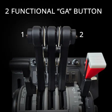 Close-up of the Prodesksim McDonnell Douglas MD-11 throttle pack for Honeycomb Bravo and Microsoft Flight Simulator, featuring two aviation throttle levers and a distinctive red and white "GA" button, highlighted by the caption "2 FUNCTIONAL 'GA' BUTTON" against a dark backdrop.