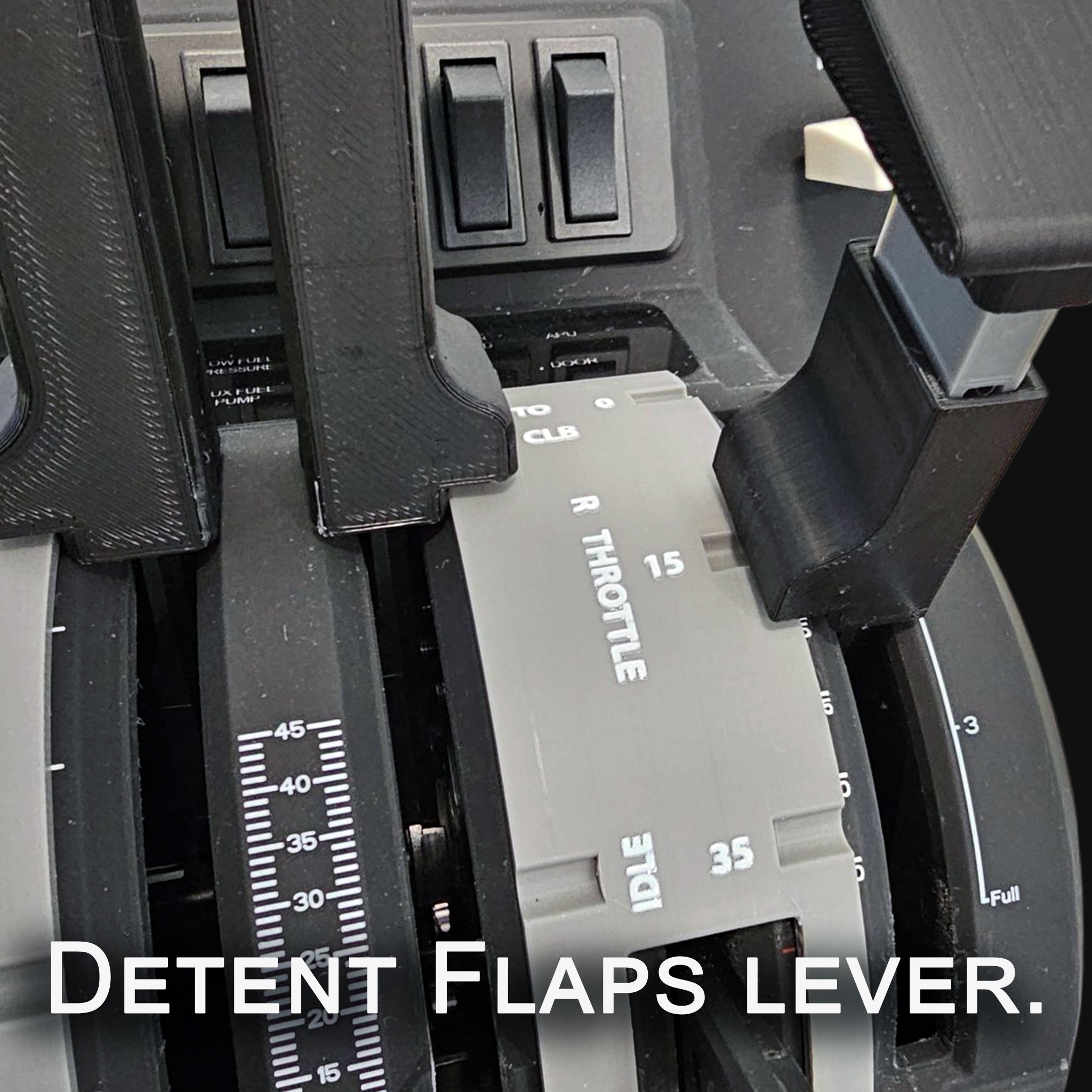 Close-up of a Prodesksim Citation CJ4 V2 Addon for the Honeycomb Bravo Throttle Quadrant, featuring a distinct black lever labeled "Detent Flaps lever," ideal for immersive flight simulations like piloting the Citation CJ4.
