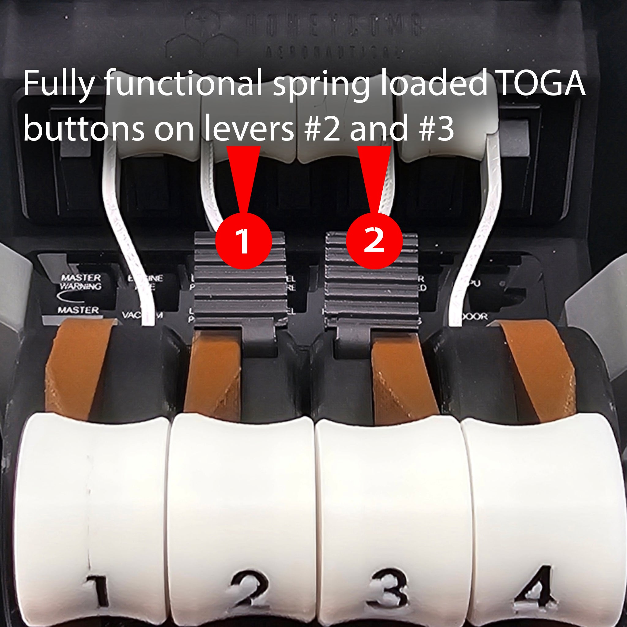 Close-up of four labeled throttle levers, part of the Boeing 747 throttle quadrant, with red arrows highlighting levers 2 and 3. Text above reads: "Fully functional spring-loaded TOGA buttons on levers #2 and #3." The NEW! ProDeskSim Queen of the Skies Boeing 747 Advanced - 4 engine - throttle addon pack for Honeycomb Bravo by Prodesksim features four reversers and four functional buttons, delivering authentic flight simulation controls.