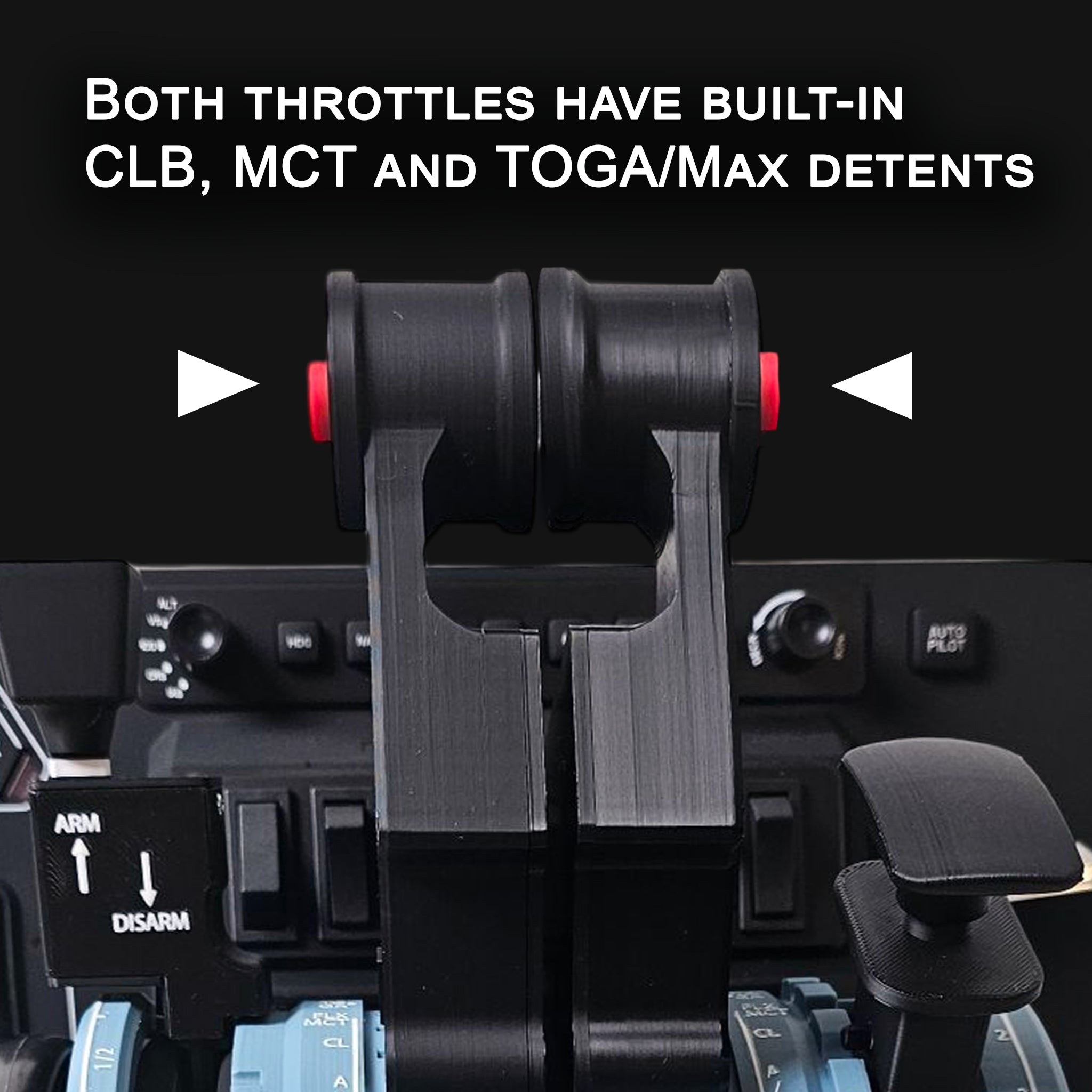 Close-up of a flight simulator throttle quadrant with a Prodesksim A319-A321 addon for the Honeycomb Bravo. Two black levers with red buttons are labeled "Both throttles have built-in CLB, MCT and TOGA/Max detents," with arrows pointing to each lever for an immersive flight simulation experience.