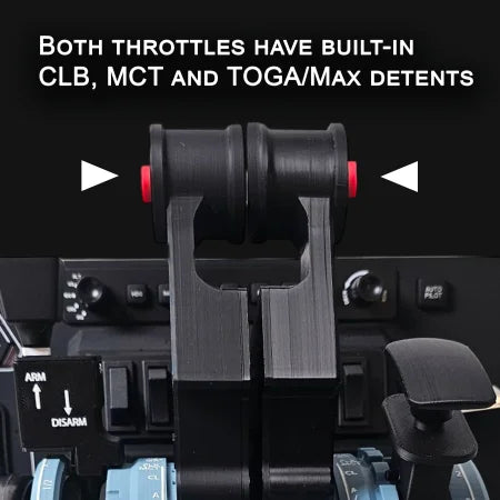 Close-up of a flight simulator throttle quadrant with a Prodesksim A319-A321 addon for the Honeycomb Bravo. Two black levers with red buttons are labeled "Both throttles have built-in CLB, MCT and TOGA/Max detents," with arrows pointing to each lever for an immersive flight simulation experience.