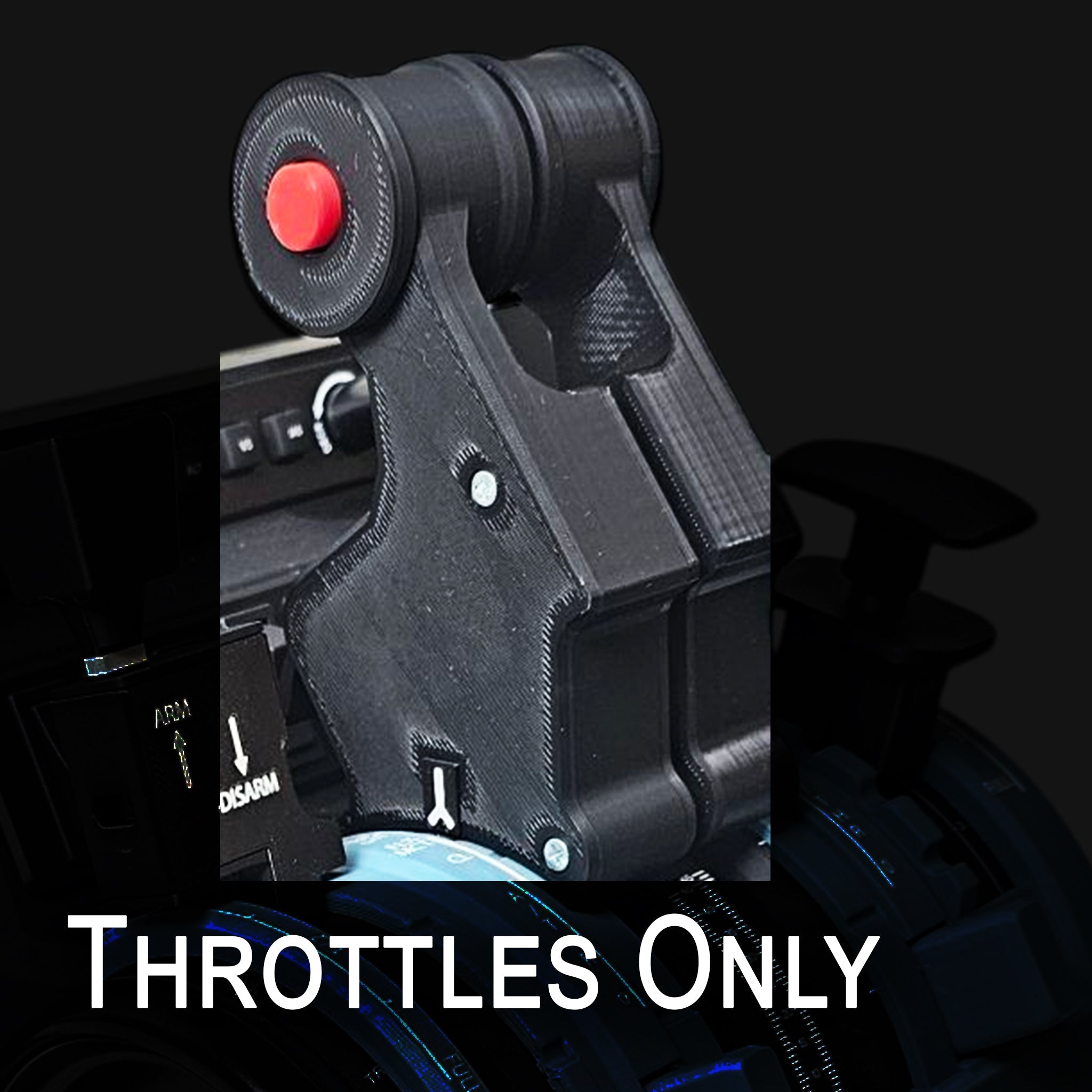 A close-up of a black throttle lever with a red button, similar to Honeycomb Bravo's, is showcased in the NEW! Prodesksim Airbus A319-A321 addon/mod package. The dark background emphasizes "THROTTLES ONLY" in bold white letters for an authentic flight simulation experience.