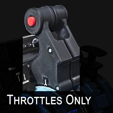 A close-up of a black throttle lever with a red button, similar to Honeycomb Bravo's, is showcased in the NEW! Prodesksim Airbus A319-A321 addon/mod package. The dark background emphasizes "THROTTLES ONLY" in bold white letters for an authentic flight simulation experience.