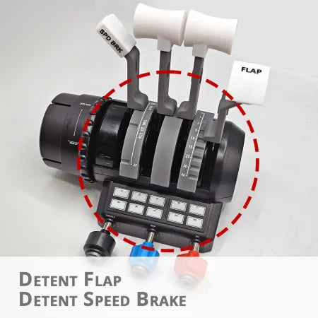 A close-up of the Prodesksim Boeing 737 Functional Addon for Turtle Beach Velocity One shows labeled "SPD BRK" and "FLAP" levers, highlighted by a red dashed circle—ideal for realistic flight simulation setups.