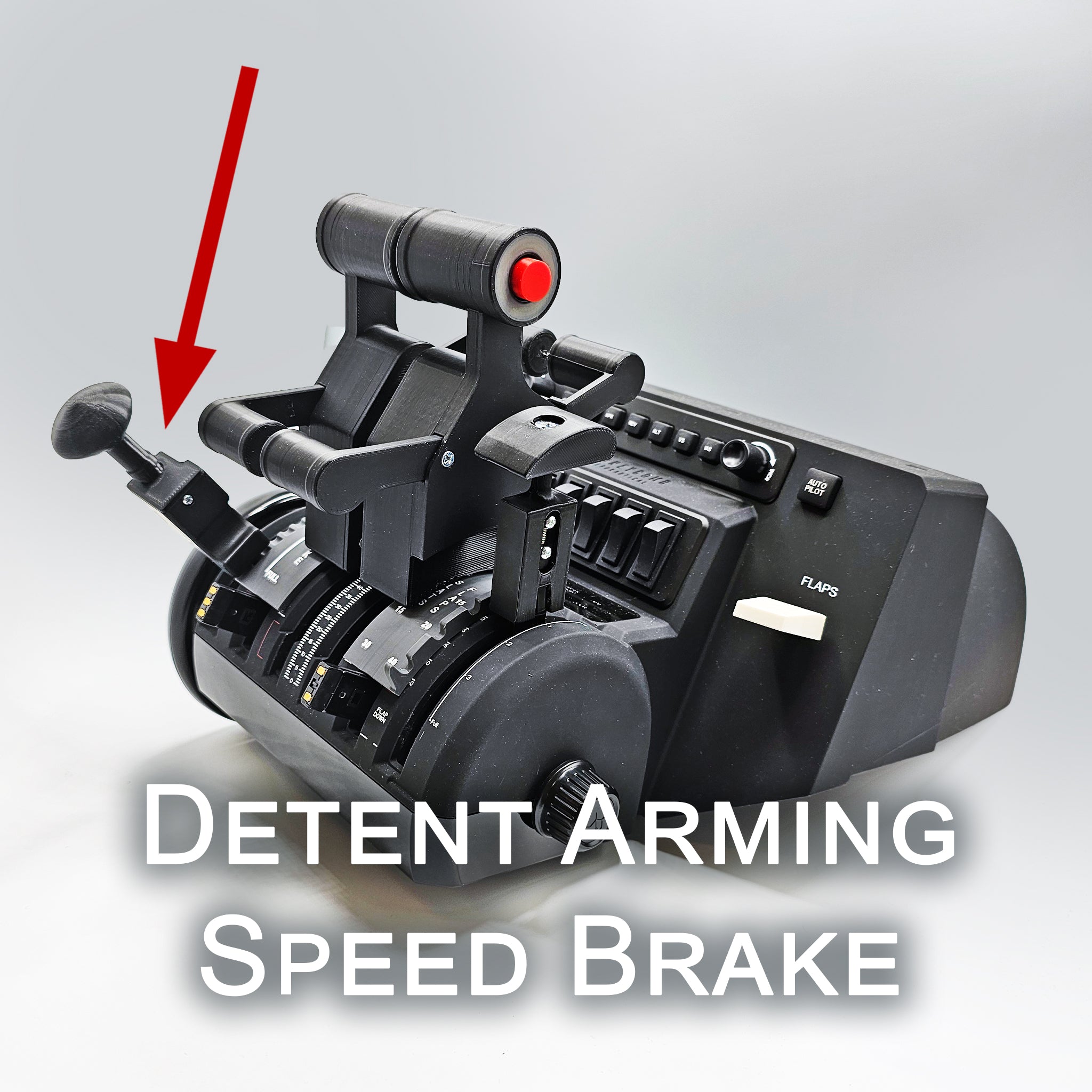 The Prodesksim Iconic First Ever Airbus A300/310 Addon Package for Honeycomb Bravo is shown, with an arrow highlighting the "Detent Arming Speed Brake" function. Experience realism with 2 AP/AT Disc buttons and 2 reversers!.