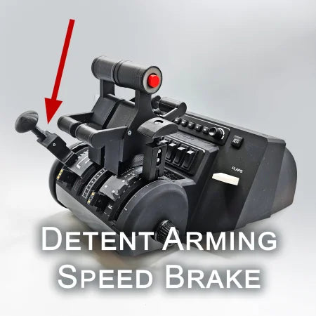 The Prodesksim Iconic First Ever Airbus A300/310 Addon Package for Honeycomb Bravo is shown, with an arrow highlighting the "Detent Arming Speed Brake" function. Experience realism with 2 AP/AT Disc buttons and 2 reversers!.