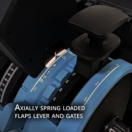 The ProDeskSim Airbus A350 Advanced addon/mod for the Honeycomb Bravo throttle quadrant features an axially spring-loaded flaps lever and gates, perfect for enhancing your simulation experience. Labeled 0 to 3 with a large black handle, it includes white indicators for precise control.