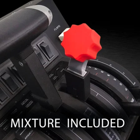 Close-up of a Cirrus SR20/22/vision jet throttle for Honeycomb Bravo by Prodesksim, featuring a red "FLAPS" control knob. The phrase "mixture lever included" is at the bottom on a black background. Suitable for FS2020, Xplane, and P3d.