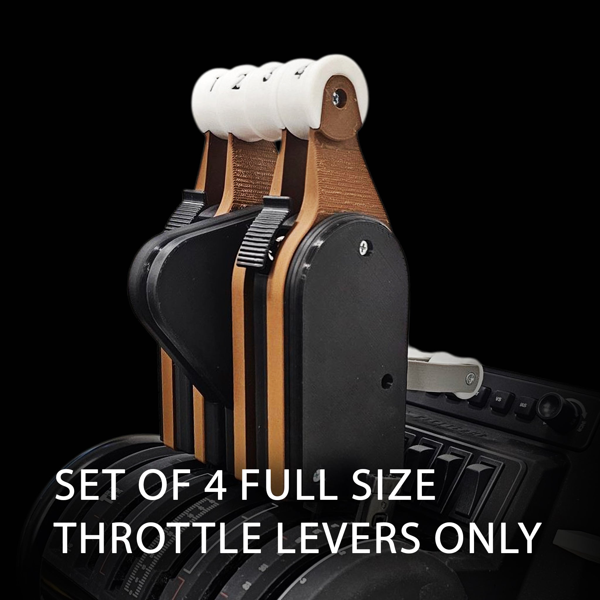 A set of four full-size black and gold throttle levers with white knobs, designed as an addon for the Honeycomb Bravo, closely replicates the iconic Boeing 747 throttle quadrant for enhanced realism. The ProDeskSim Queen of the Skies Boeing 747 Advanced - 4 engine - throttle addon pack features four reversers and four functional buttons. Brand: Prodesksim. Text reads: "Set of 4 full size throttle levers only.