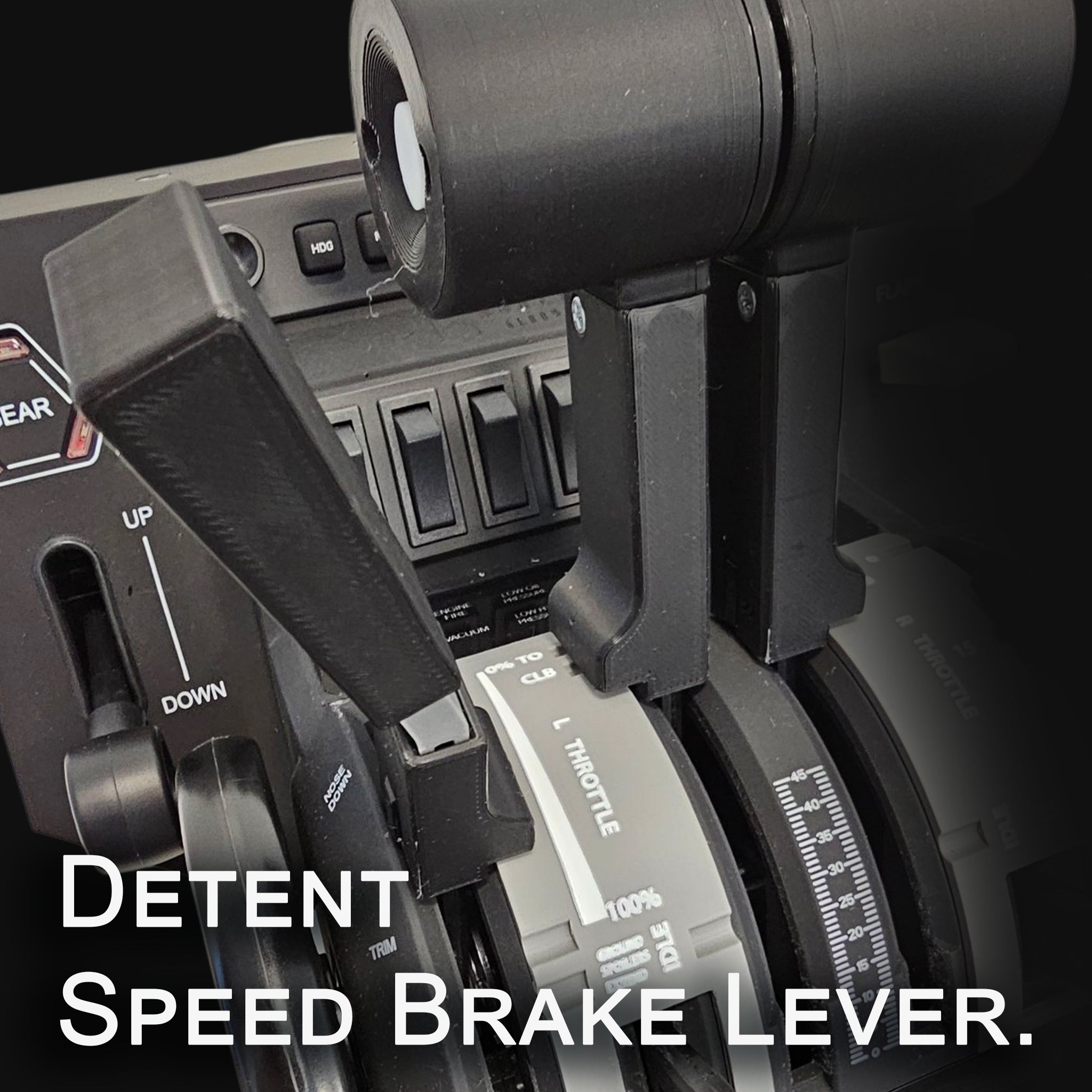 Close-up of the ProDeskSim Citation CJ4 V2 Addon/Mod for HoneyComb Bravo Throttle Quadrant, highlighting intricate levers and markings for throttle and speed brake control. Overlay text: "Detent Speed Brake Lever." Ideal for Citation CJ4 enthusiasts using Honeycomb Bravo equipment.