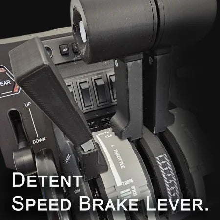 Close-up of the ProDeskSim Citation CJ4 V2 Addon/Mod for HoneyComb Bravo Throttle Quadrant, highlighting intricate levers and markings for throttle and speed brake control. Overlay text: "Detent Speed Brake Lever." Ideal for Citation CJ4 enthusiasts using Honeycomb Bravo equipment.