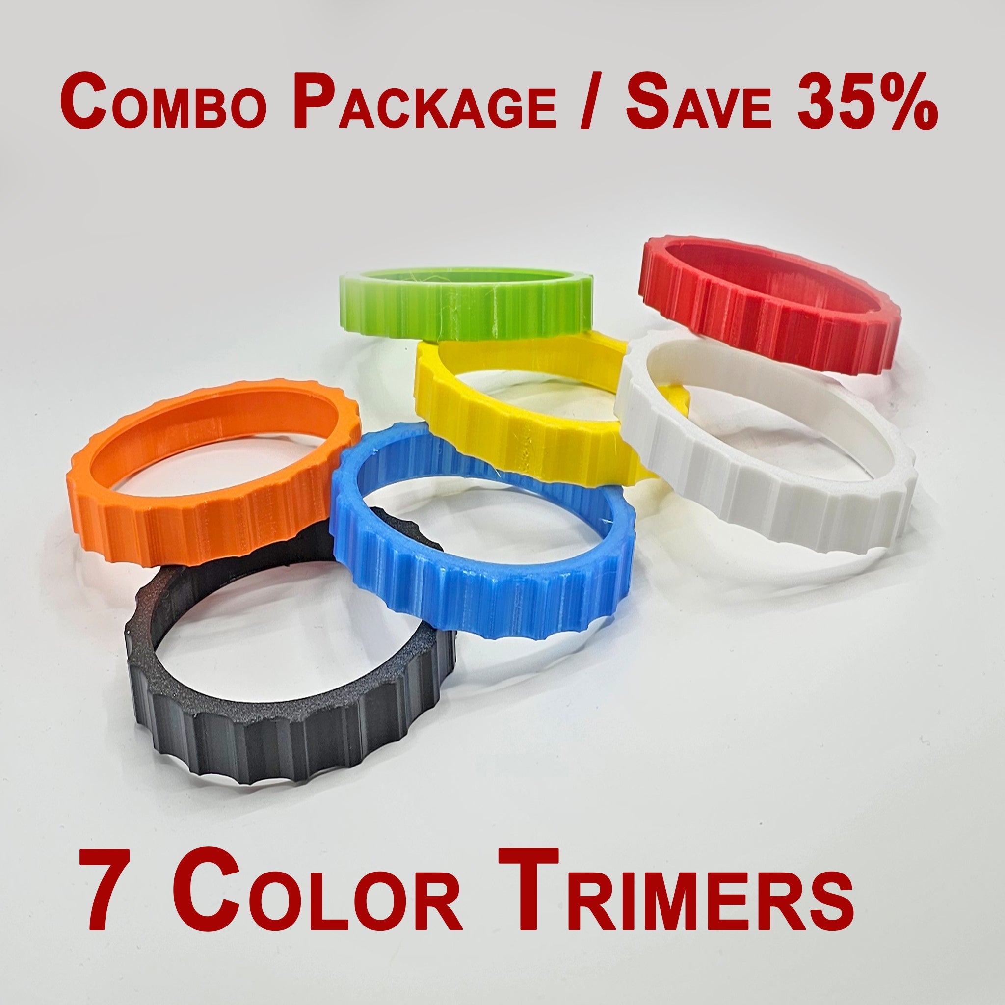 A promotional image from Prodesksim displays a circular arrangement of seven vibrant and flexible trim wheel covers, designed for the Honeycomb Bravo Throttle Quadrant. The text highlights the "Combo Package" offering a 35% discount and showcasing seven color options for this essential flight simulation accessory.