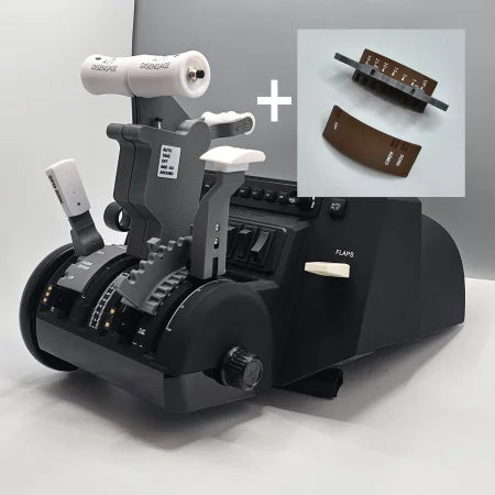 The ProDeskSim Boeing 737 Advanced Full Package Addon for the Honeycomb Bravo throttle quadrant, in black, comes with white levers labeled for various aircraft functions. It's ideal for elevating your flight simulation experience. The inset features two brown circuit boards equipped with multiple pins to facilitate a seamless connection.