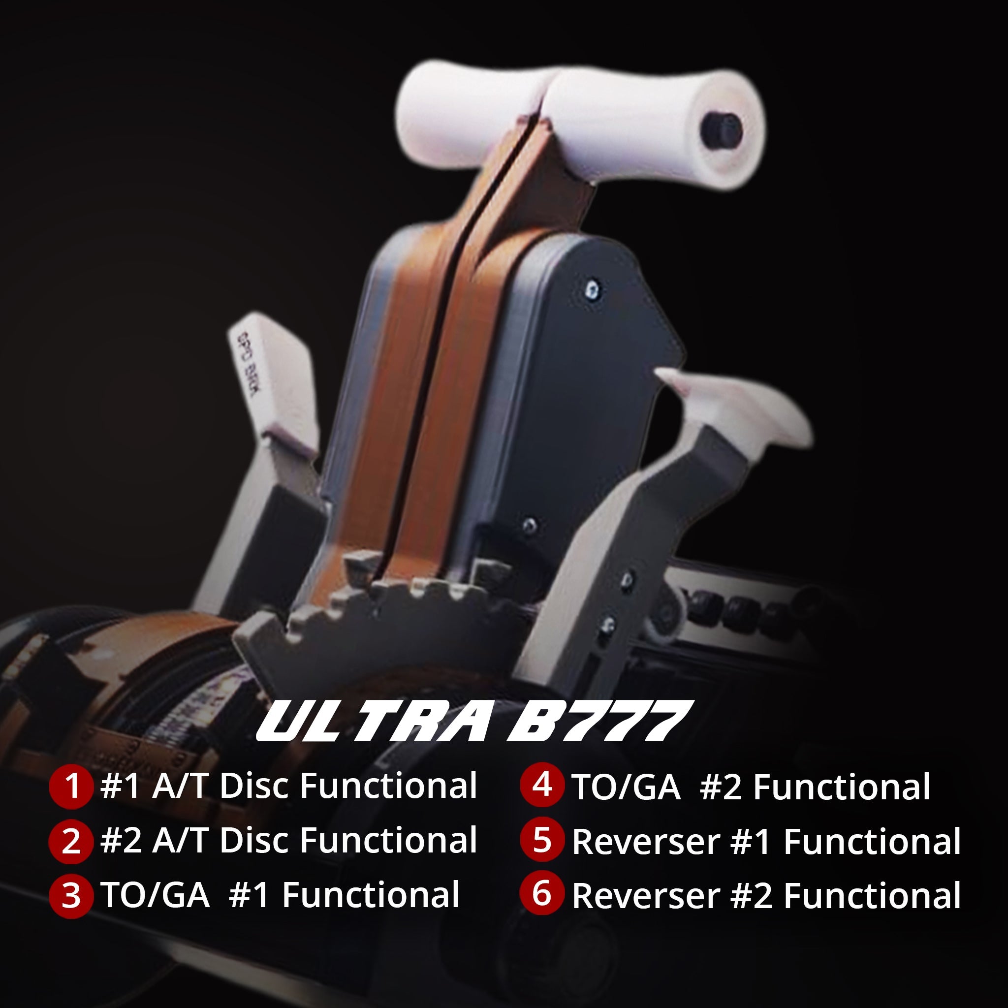 Close-up of the Prodesksim B777 Ultra Addon/Throttle Pack for Honeycomb Bravo, compatible with MSFS 2020/2024. Features two brown levers with white handles and labels for six functions: throttle, disc, and reversers.