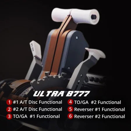 Close-up of the Prodesksim B777 Ultra Addon/Throttle Pack for Honeycomb Bravo, compatible with MSFS 2020/2024. Features two brown levers with white handles and labels for six functions: throttle, disc, and reversers.