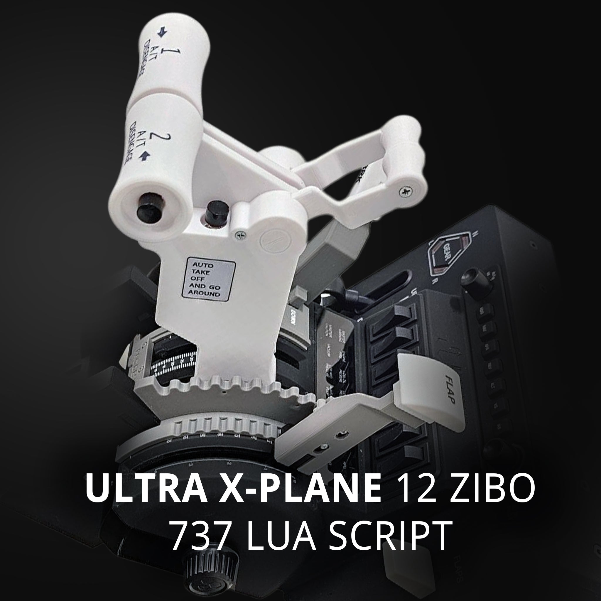 Close-up of the Prodesksim New ProDeskSim B737 Ultra / B737 Full Package Addon throttle quadrant simulator, featuring detailed levers and mechanical parts. Compatible with MSFS 2020/2024. "ULTRA X-PLANE 12 ZIBO 737 LUA SCRIPT" text on dark background.