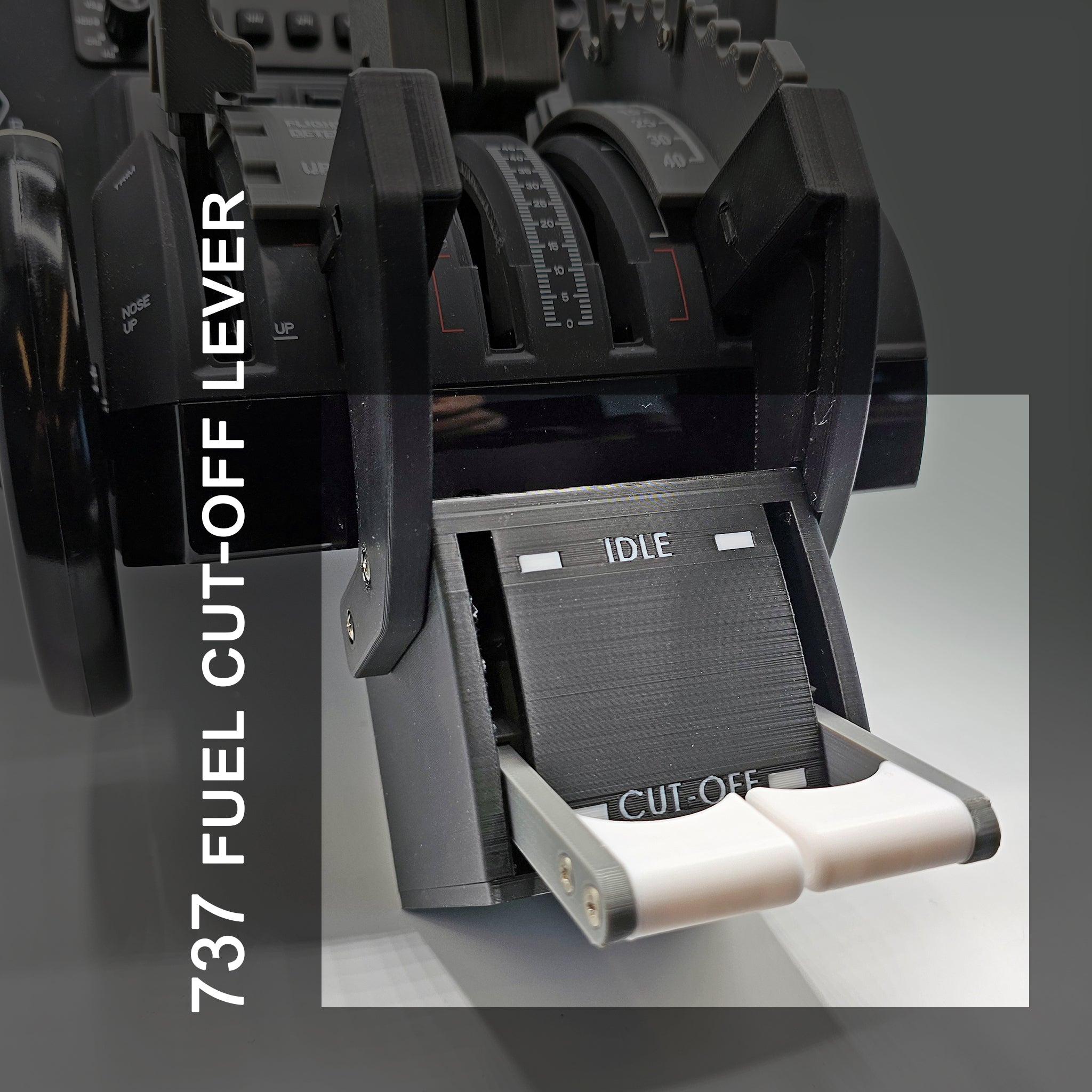 A close-up view of Prodesksim's new Boeing 737 functional fuel cut-off levers for the Honeycomb Bravo throttle quadrant. These levers feature markings for "IDLE" and "CUT-OFF" positions and come with white handles. The text on the left side reads "Boeing 737 Fuel Cut Off Lever," perfect for enhancing your flight simulation experience.