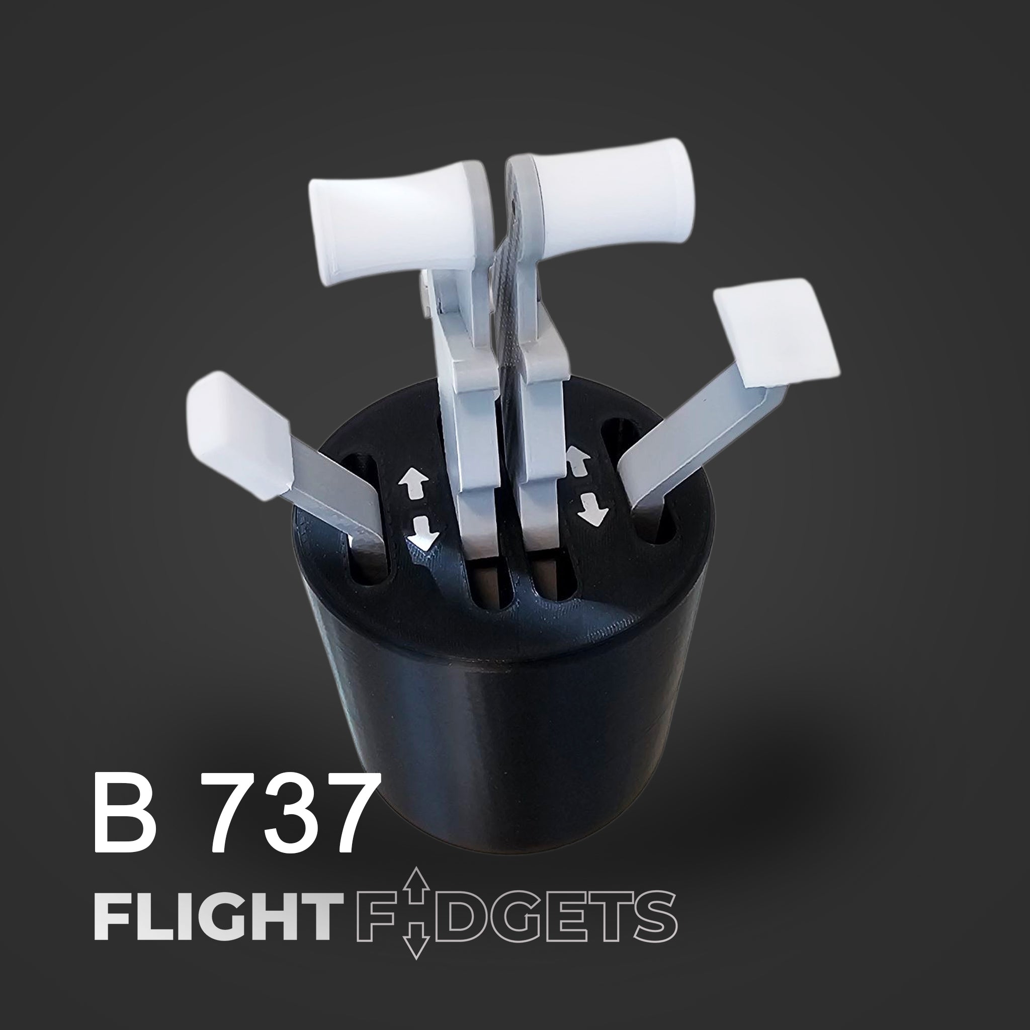 A miniature Boeing 737 throttle lever model sits on a black round base, labeled "B 737" and "FlightFidgets.com." This Cup Holder Flight Fidget is perfect for airplane fans, shown against a dark background.