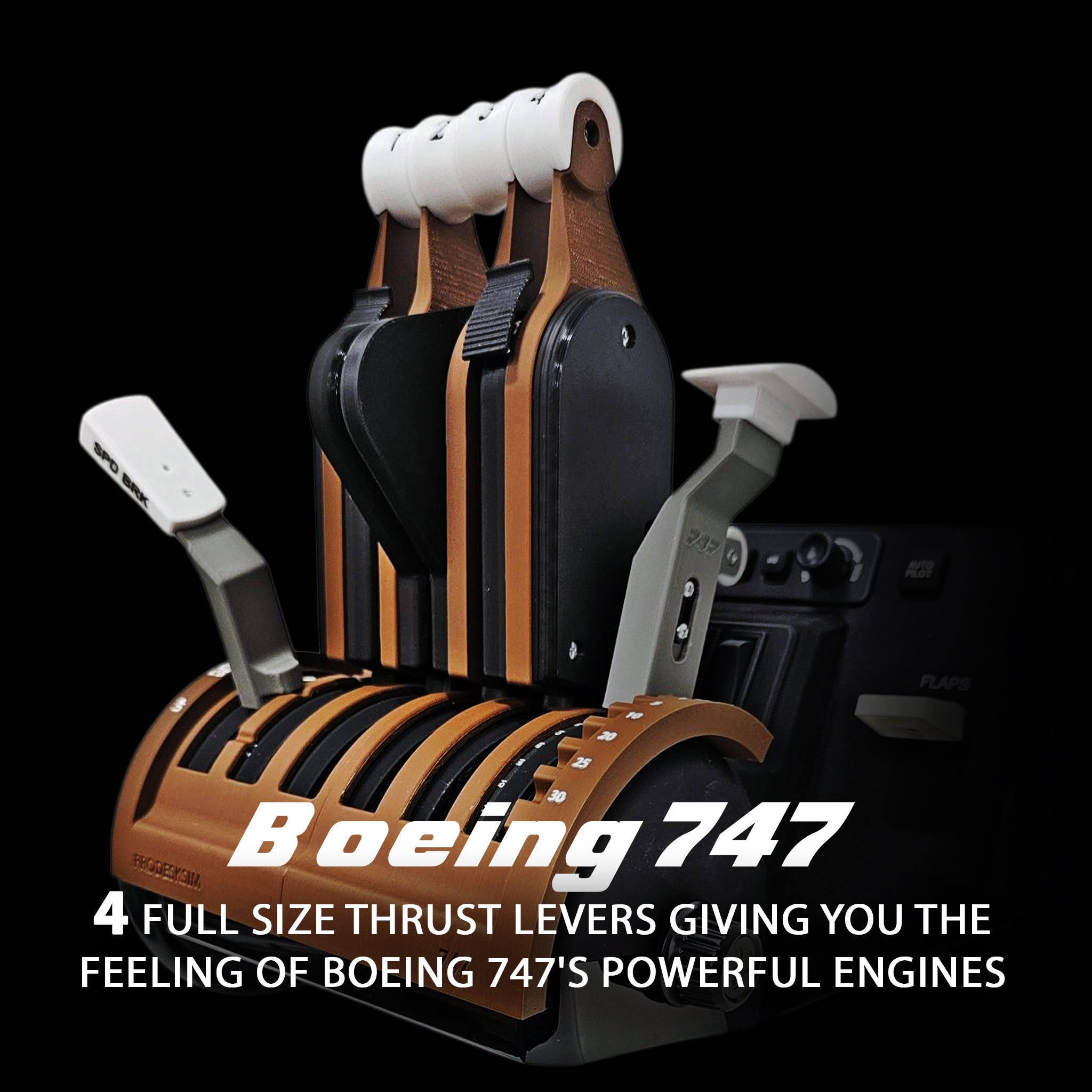 A detailed view of four full-size thrust levers from a Boeing 747 throttle quadrant, featuring the Prodesksim NEW! Queen of the Skies Boeing 747 Advanced - 4 engine throttle addon pack for Honeycomb Bravo, with four reversers and four functional buttons. Text highlights the realistic design and powerful engine simulation.