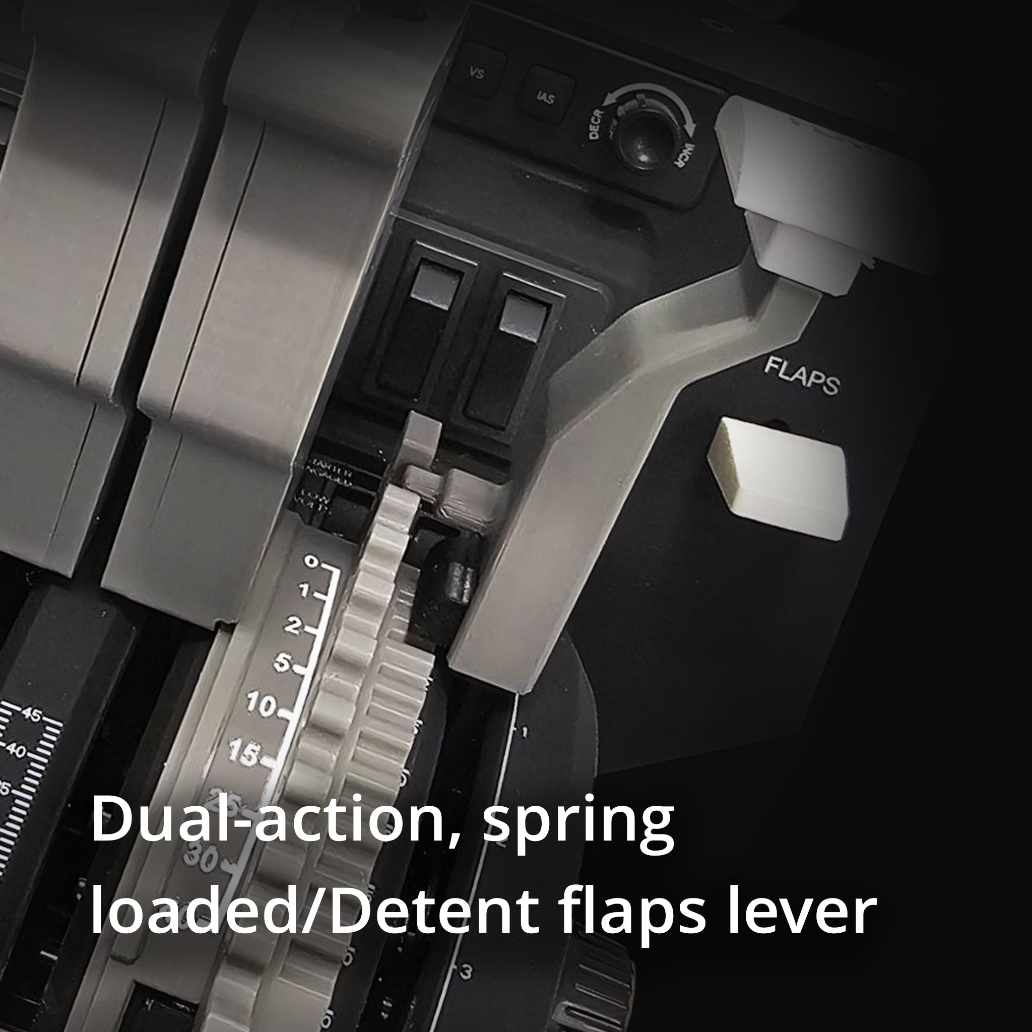 A close-up of the "Flaps" lever from the ProDeskSim 737 Ultra Full Package Addon by Prodesksim, showing dual-action, spring-loaded mechanics with detailed components and controls against a dark background, perfect for enhancing flight sim operations.