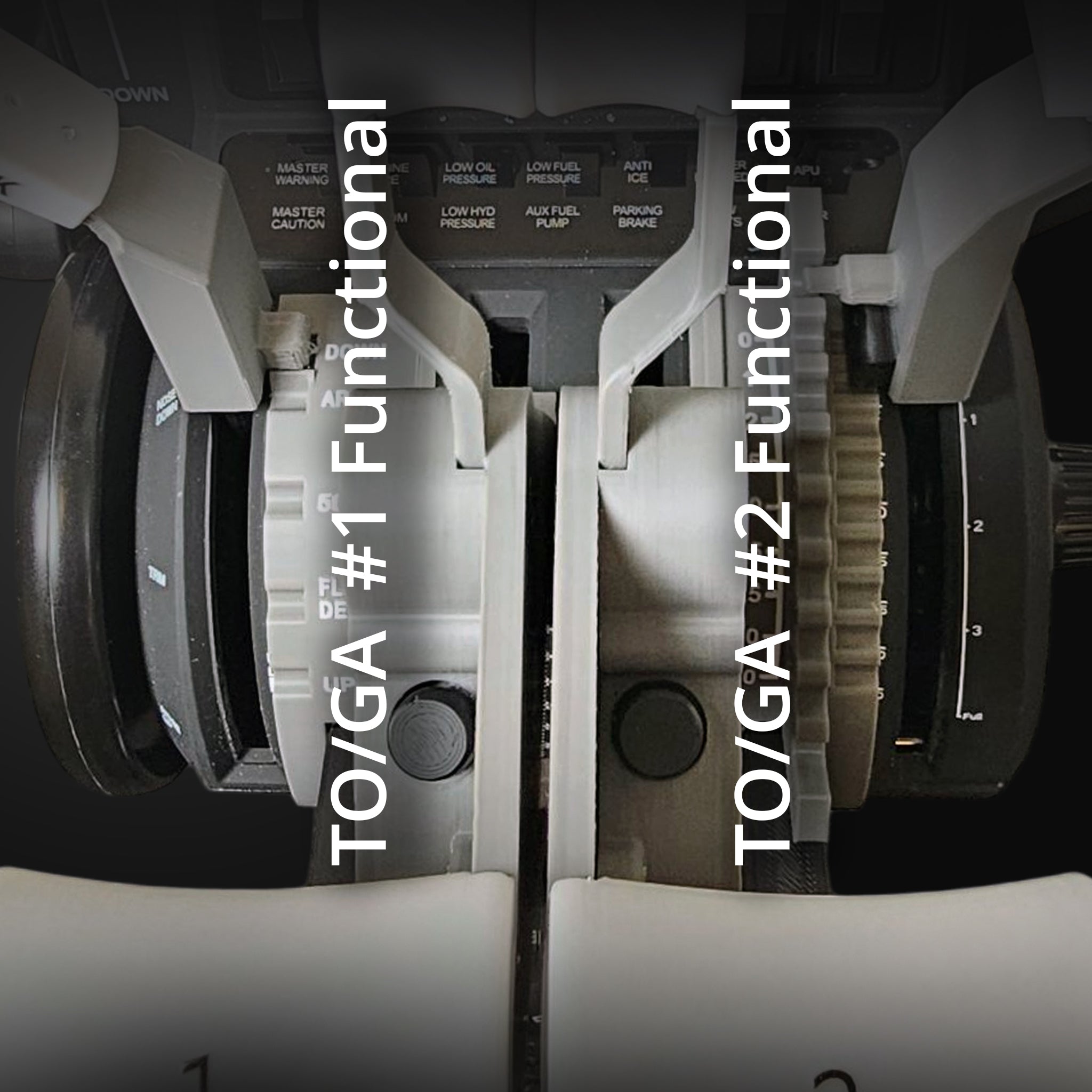 Close-up of two airplane throttle levers labeled “TO/GA #1 Functional” and “TO/GA #2 Functional” in a cockpit's quadrant, akin to the Honeycomb Bravo, highlighting diverse flight settings. Enhance flight sim realism with the New ProDeskSim 737 Ultra Full Package Addon by Prodesksim.