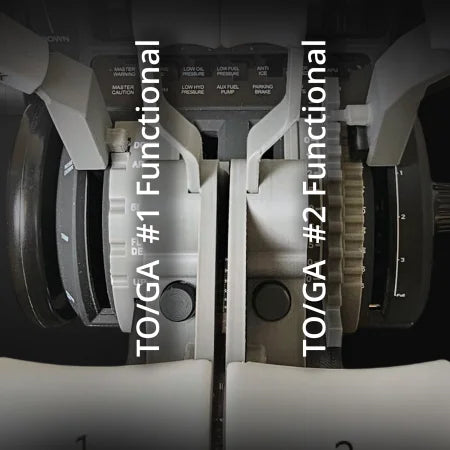 Close-up of two airplane throttle levers labeled “TO/GA #1 Functional” and “TO/GA #2 Functional” in a cockpit's quadrant, akin to the Honeycomb Bravo, highlighting diverse flight settings. Enhance flight sim realism with the New ProDeskSim 737 Ultra Full Package Addon by Prodesksim.