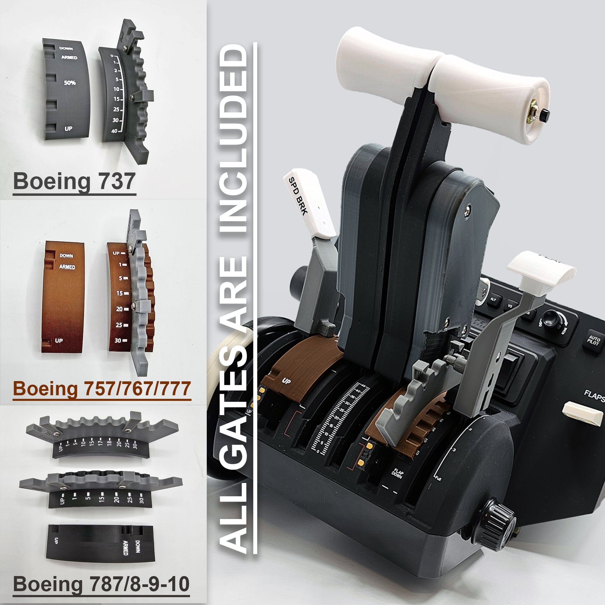 Image of a ProDeskSim Full Boeing Advanced Full Package for Honeycomb Bravo, featuring labeled levers for Boeing 737, 757/767/777, and 787-8/9/10 aircraft. The text "All Gates Are Included" is displayed vertically beside the throttles, making it perfect for any flight simulation setup.