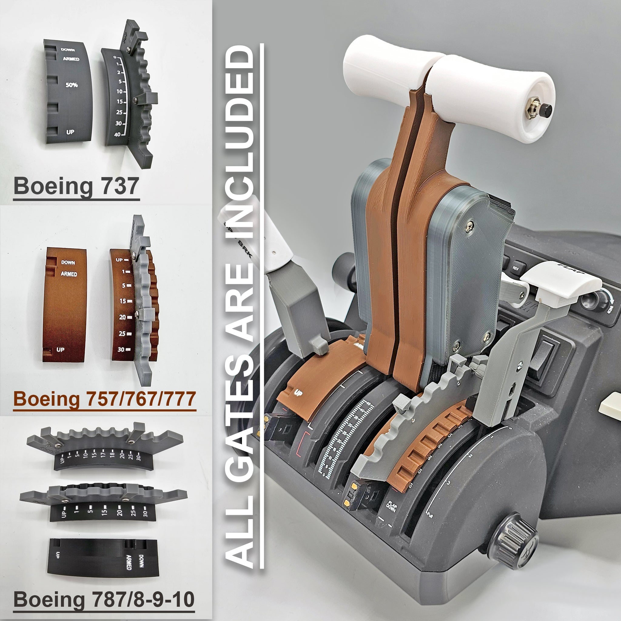 The image showcases an aircraft throttle quadrant equipped with various levers and switches, ideal for a flight simulation setup. The available models are Boeing 737, 757/767/777, and 787/8-9-10. The text on the image states "ALL GATES ARE INCLUDED" with the ProDeskSim Full Boeing Advanced Full Package for Honeycomb Bravo as an add-on.