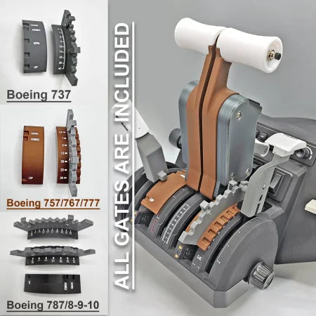 The image showcases an aircraft throttle quadrant equipped with various levers and switches, ideal for a flight simulation setup. The available models are Boeing 737, 757/767/777, and 787/8-9-10. The text on the image states "ALL GATES ARE INCLUDED" with the ProDeskSim Full Boeing Advanced Full Package for Honeycomb Bravo as an add-on.