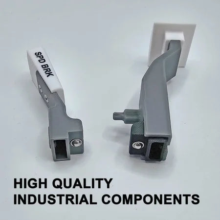 Two gray industrial components, labeled "Boeing 777 Dual Action Detent/Spring mechanism flaps," are displayed on a white surface, highlighting their spring-loaded mechanism. The background text reads, "HIGH QUALITY INDUSTRIAL COMPONENTS." This professional addon is from Prodesksim for the HoneyComb Bravo throttle/VR.