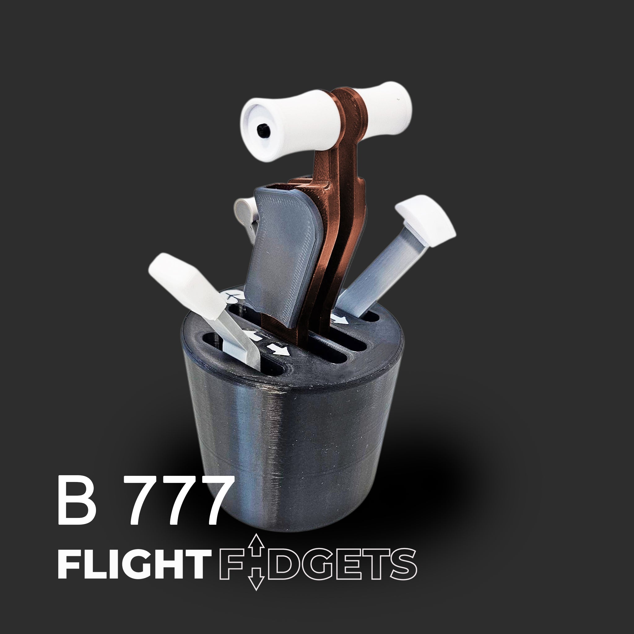 A gray and copper Boeing 777 - The Cup Holder Flight Fidget by FlightFidgets.com, inspired by airplane controls, rests on a dark background. “B 777 FLIGHT FIDGETS” is written below with an arrow in the word "FLIGHT.