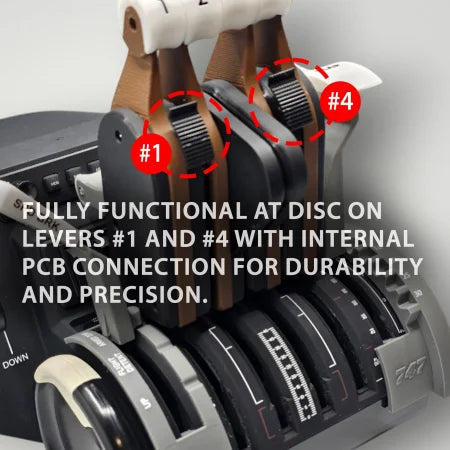 Close-up of control levers labeled "SPD" on the Prodesksim Queen of the Skies Boeing 747 Advanced throttle pack for Honeycomb Bravo. Features four reversers, four functional buttons, and precise PCB connectivity for realistic flight simulation.