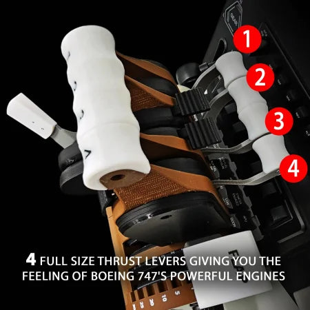 Close-up of Prodesksim's NEW! Queen of the Skies Boeing 747 Advanced throttle addon pack for Honeycomb Bravo, featuring four labeled white levers, reversers, and functional buttons that replicate the iconic 747’s engine controls.