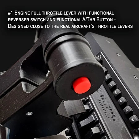 Close-up of a black aircraft throttle lever with a red button and labeled switches. This ProDeskSim Airbus A319-A321 Advanced addon for the Honeycomb Bravo throttle quadrant replicates real levers, featuring a functional reverser switch and auto-throttle button for immersive flight simulation.
