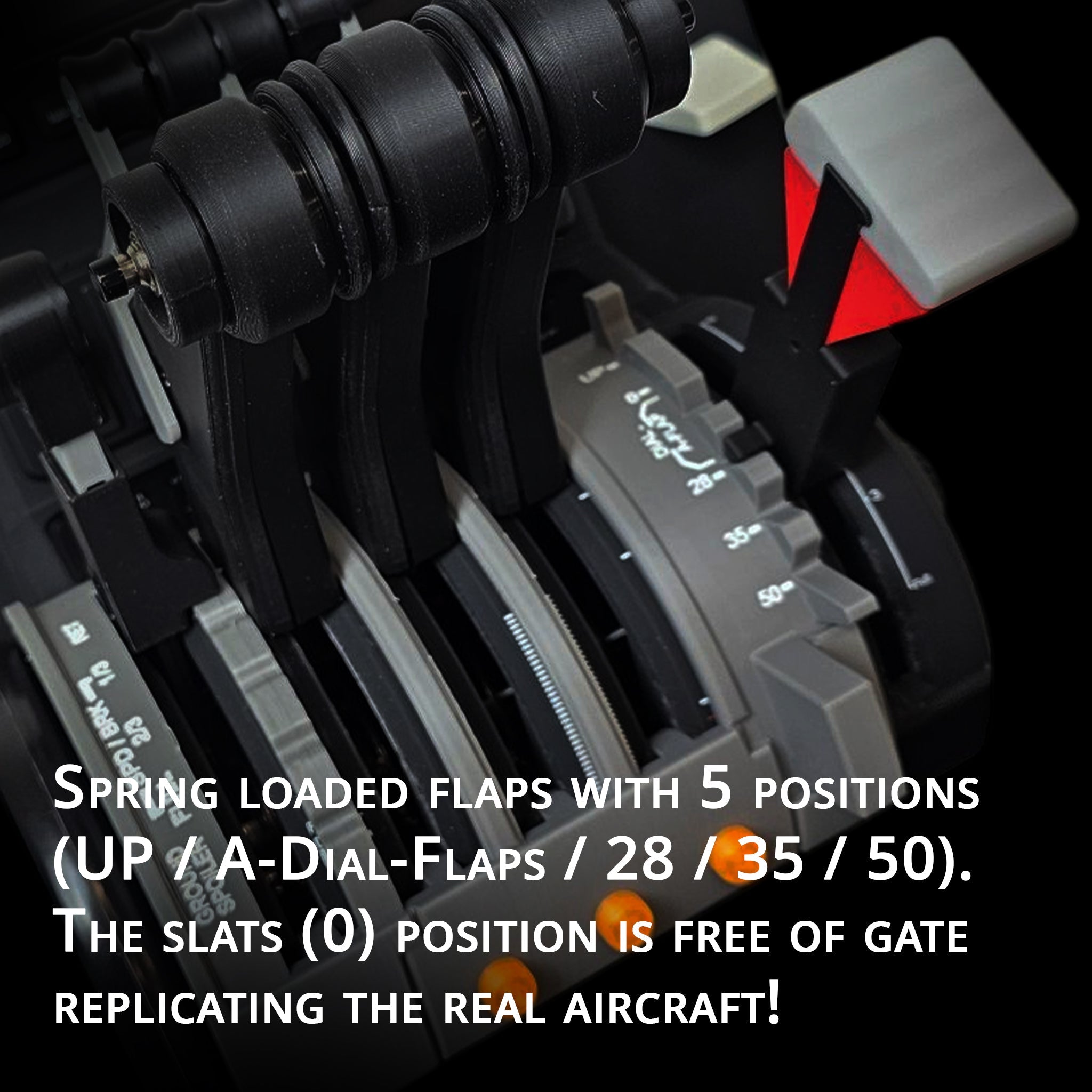 The Prodesksim McDonnell Douglas MD-11 throttle pack for Honeycomb Bravo and Microsoft Flight Simulator features a control panel with spring-loaded flap levers set at five positions (UP, A-Dial-Flaps, 28, 35, 50) and a gate-free slats position at 0, replicating authentic aircraft controls.