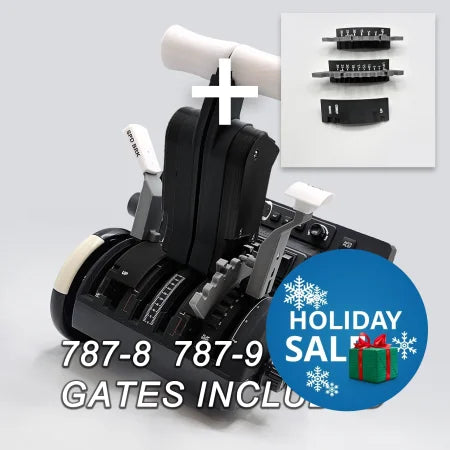 The Prodesksim Boeing 787-8/9/10 Advanced Action Detent/Spring Mechanism Addon for the Honeycomb Bravo Throttle Quadrant features realistic flaps and speed brake components. This professional addon includes gate components specifically designed for an enhanced Boeing 787 flight simulation experience. Text reads: "787-8 787-9 787-10 Gates Included.