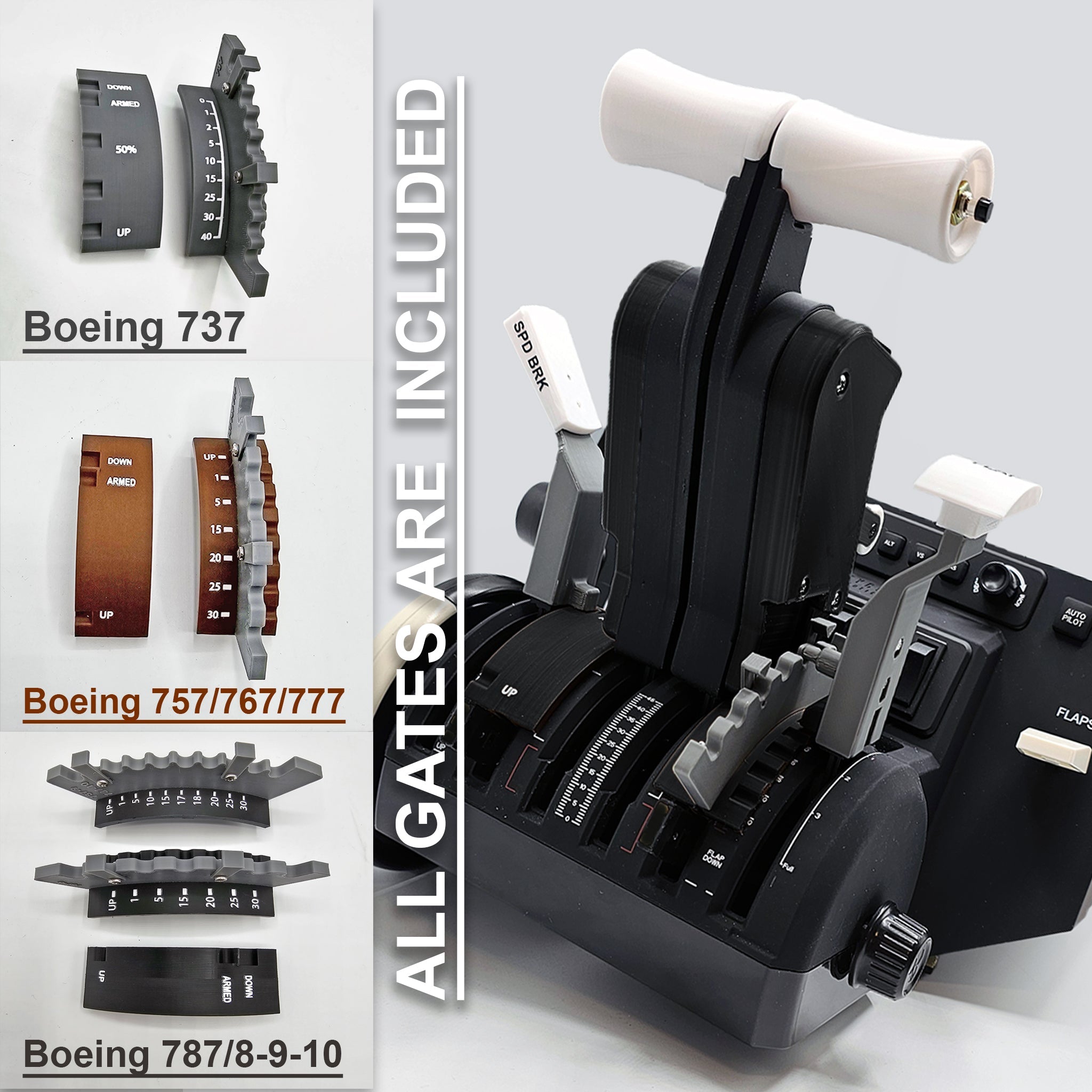 The image showcases a detailed close-up of throttle levers in a flight simulation setup, highlighting various gate configurations. It features distinct models for Boeing 737, 757/767/777, and 787/8-9-10 on the left with labels indicating "ALL GATES ARE INCLUDED." This setup is perfect for enhancing your experience with the Prodesksim NEW! ProDeskSim Full Boeing Advanced Full Package for Honeycomb Bravo and Flight Simulator add-on.