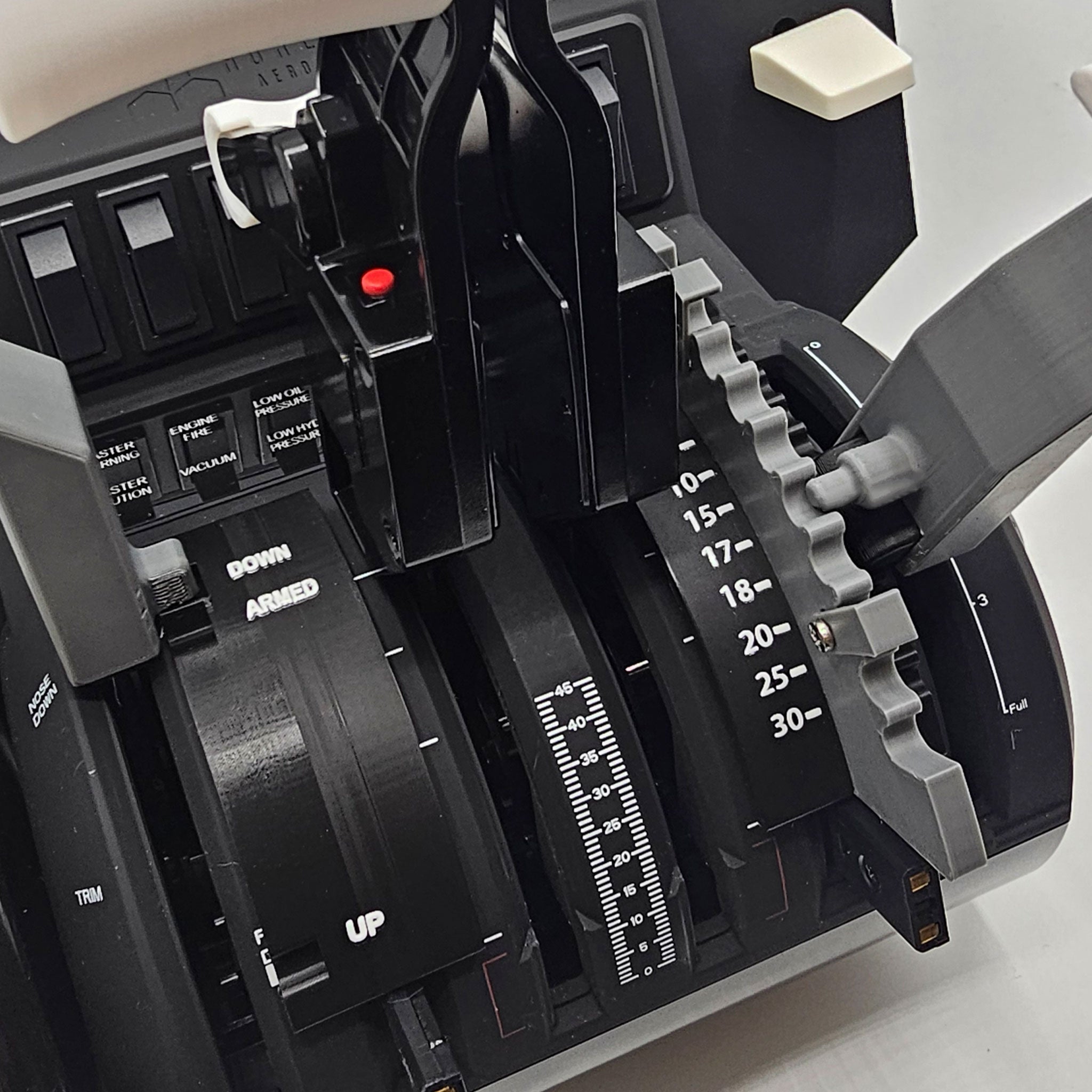 Close-up view of the Boeing 787-8/9/10 Dual Action Detent/Spring mechanism professional addon by Prodesksim for the HoneyComb Bravo throttle. It features multiple levers with a dual action design, an industry standard roller detent, a flap control handle with degree markings, and includes buttons, switches, and labels for flight control.