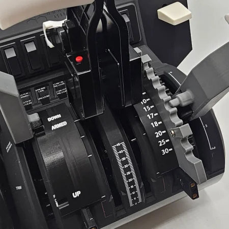 Close-up view of the Boeing 787-8/9/10 Dual Action Detent/Spring mechanism professional addon by Prodesksim for the HoneyComb Bravo throttle. It features multiple levers with a dual action design, an industry standard roller detent, a flap control handle with degree markings, and includes buttons, switches, and labels for flight control.