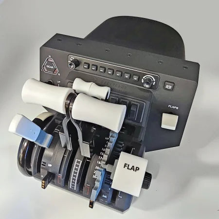 Close-up of a flight simulator throttle quadrant featuring the Prodesksim Boeing 787-8/9/10 Professional addon for the HoneyComb Bravo. This addon includes multiple levers and switches for gear, flaps, and throttle controls. The dual action design incorporates black and white elements, a digital display, and industry-standard roller detent buttons for realistic simulated aircraft operations with its Detent/Spring mechanism flaps.