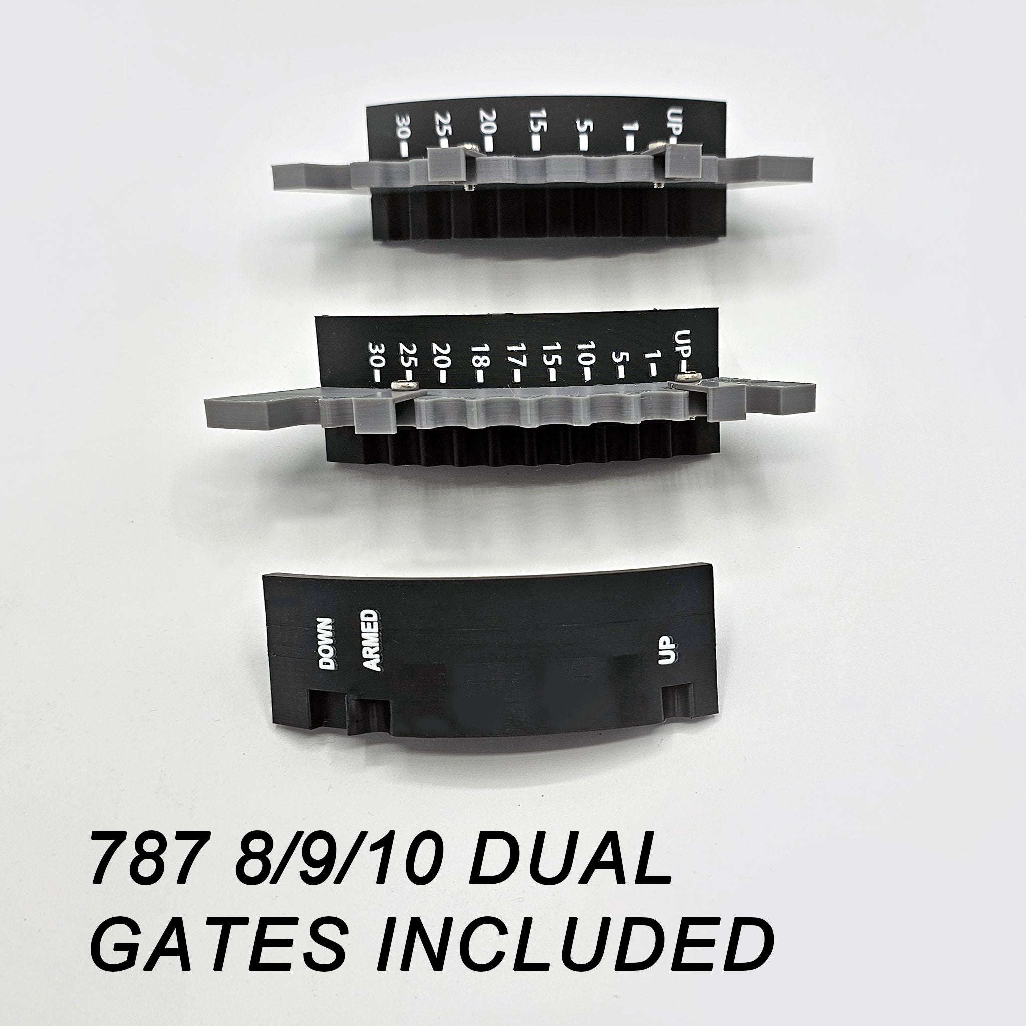 Three vertical Boeing 787-8/9/10 Dual Action Detent/Spring mechanism flaps from Prodesksim are crafted in black plastic, featuring numerical markings and small lettering along with an industry-standard roller detent. The text below them reads "787 8/9/10 Dual Gates Included.