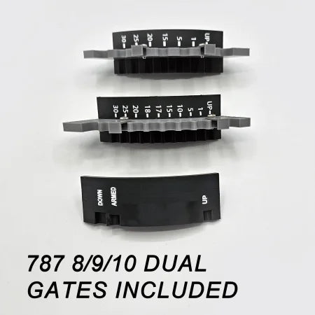 Three vertical Boeing 787-8/9/10 Dual Action Detent/Spring mechanism flaps from Prodesksim are crafted in black plastic, featuring numerical markings and small lettering along with an industry-standard roller detent. The text below them reads "787 8/9/10 Dual Gates Included.