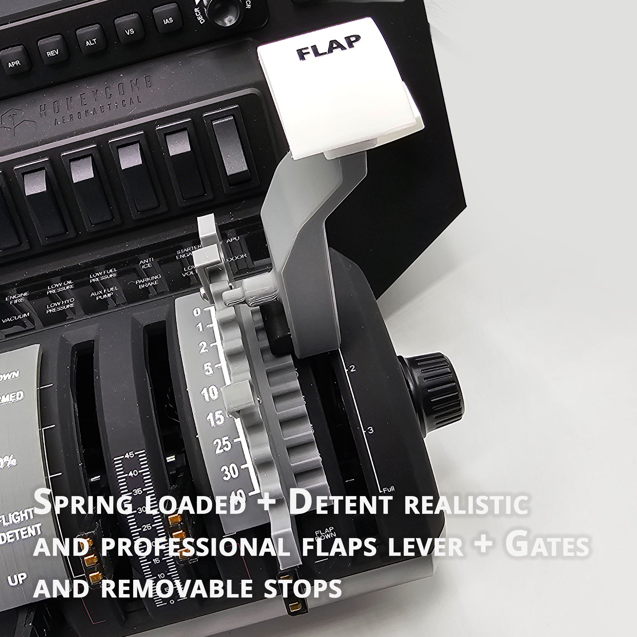 Introducing the Prodesksim Boeing 737 Spring-Loaded Flaps Lever—a realistic and professional control panel accessory featuring gates and removable stops. This close-up view highlights the spring-loaded lever, akin to those used in a Boeing 737, along with visible control knobs and buttons. The text overlay details the lever's features, designed to enhance your immersive flight simulation experience.