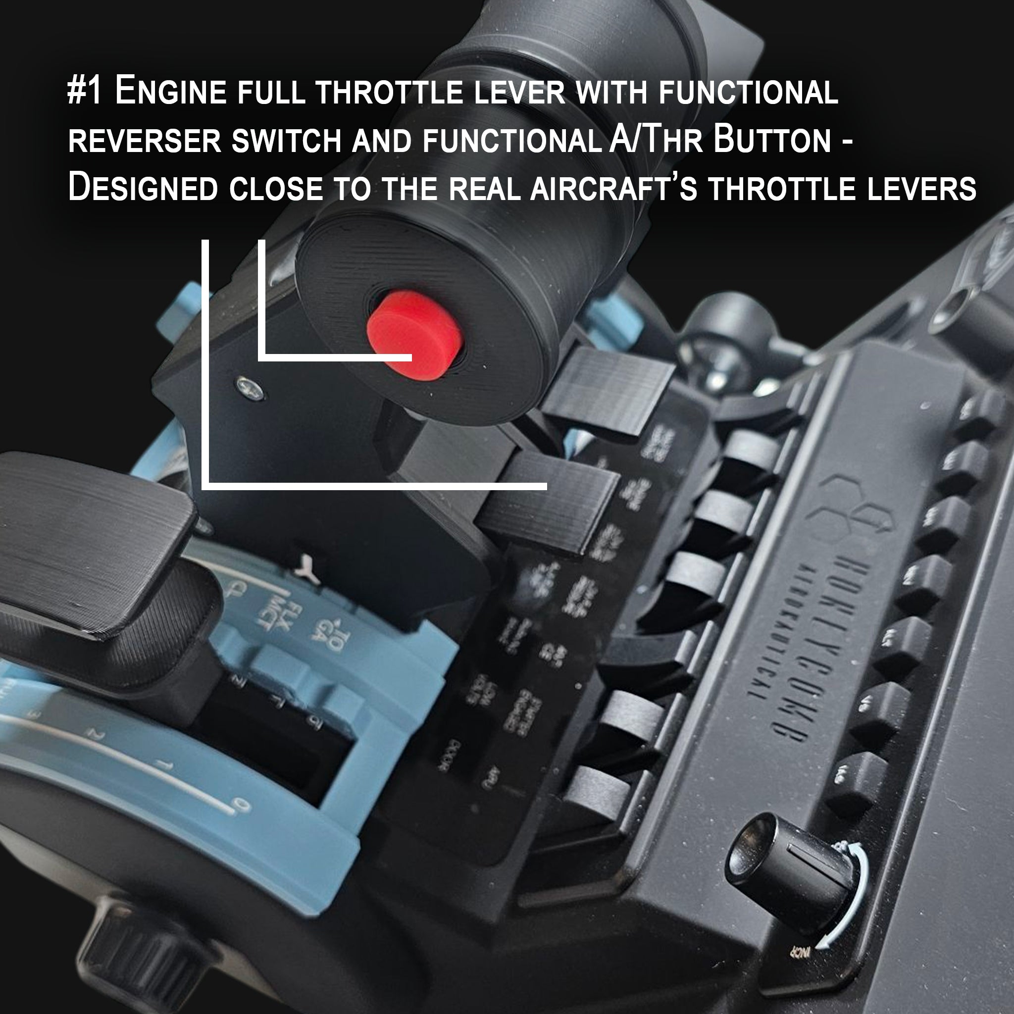 Close-up of the Prodesksim Airbus A319-A321 Advanced addon for the Honeycomb Bravo throttle quadrant, featuring labeled levers, buttons, and switches. A red button highlights its engine throttle, reverser switch, and auto-throttle (A/Thr) functions to enhance your flight simulation experience.