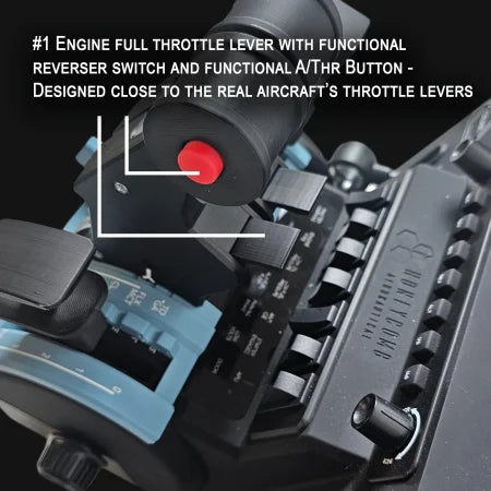 Close-up of the Prodesksim Airbus A319-A321 Advanced addon for the Honeycomb Bravo throttle quadrant, featuring labeled levers, buttons, and switches. A red button highlights its engine throttle, reverser switch, and auto-throttle (A/Thr) functions to enhance your flight simulation experience.