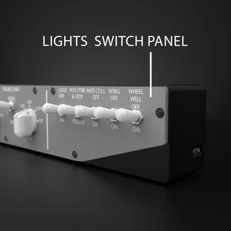 A close-up of Prodesksim’s NEW! Stand Alone B737 Engine Start/APU/Lights module Overhead panel shows labeled white switches for logo, strobe, and wing lights—ideal for flight sim realism—set against a dark background.