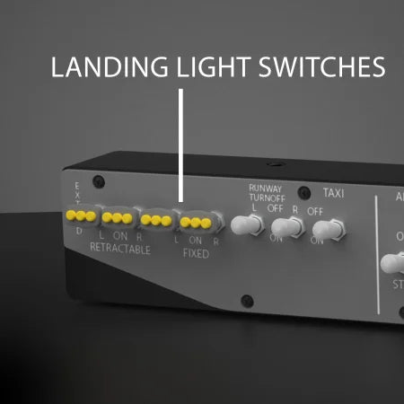 A close-up of the Prodesksim Stand Alone B737 Engine Start/APU/Lights module shows labeled switches for landing lights, including retractable and fixed options with yellow tips—mirroring a Boeing 737 overhead panel.