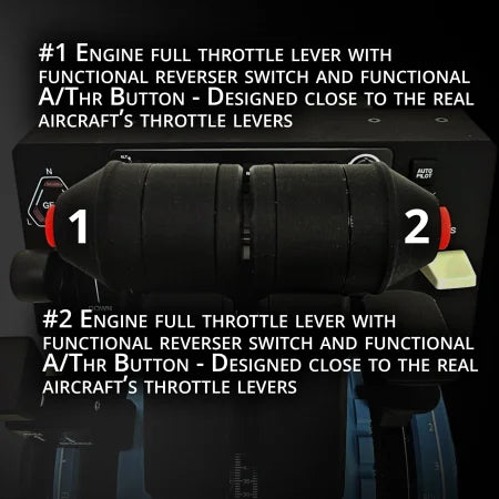 Close-up of the Prodesksim Airbus A350 addon shows realistic throttle levers 1 and 2, each with a reverser switch and A/Thr button, designed for the Honeycomb Bravo quadrant.